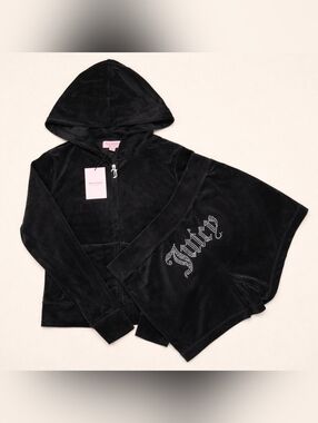 Juicy Couture Black Velour Hoodie & Shorts Set with Rhinestone Logo